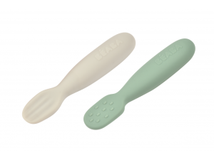 První trénovací lžičky silikonové 2 ks Sage Green / Velvet Grey