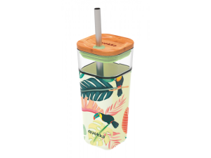Skleněný cestovní hrnek s brčkem Liquid Cube Tropical Toucans 540 ml