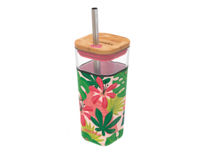 Skleněný cestovní hrnek s brčkem Liquid Cube Pink Jungle Flora 540 ml